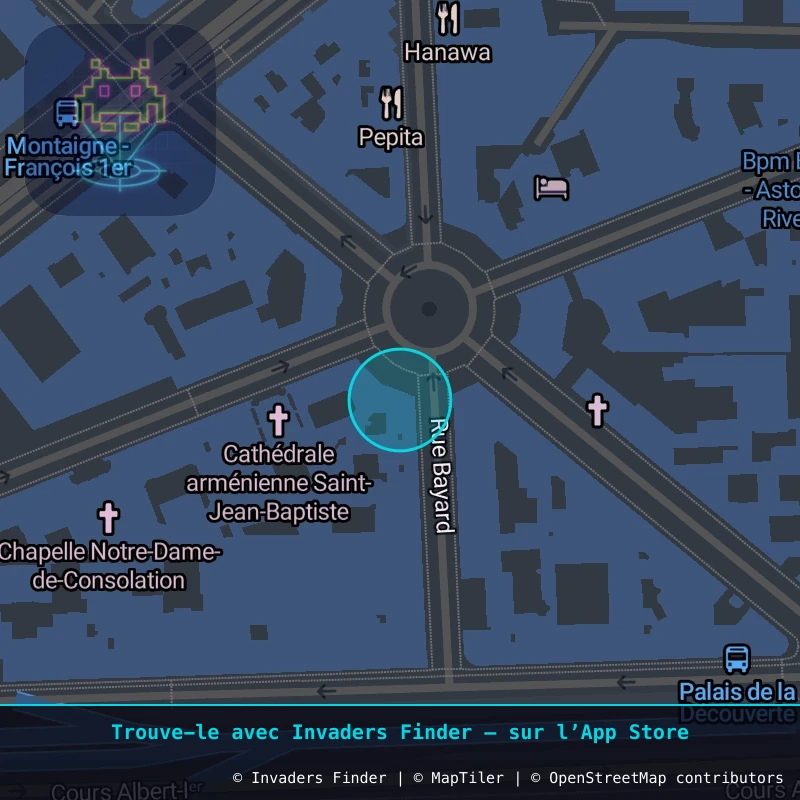 Zone approximative de l'invader PA_238, dans le quartier 8e arrondissement de Paris à Paris. Emplacement exact disponible dans l'app Invaders Finder.
