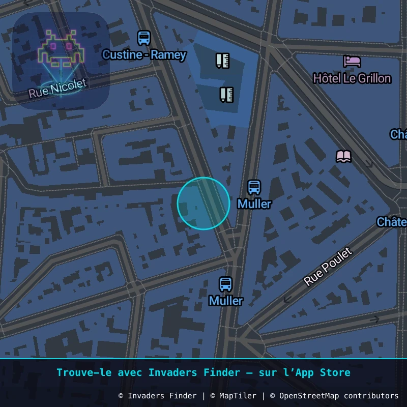 Zone approximative de l'invader PA_239, dans le quartier 18e arrondissement de Paris à Paris. Emplacement exact disponible dans l'app Invaders Finder.