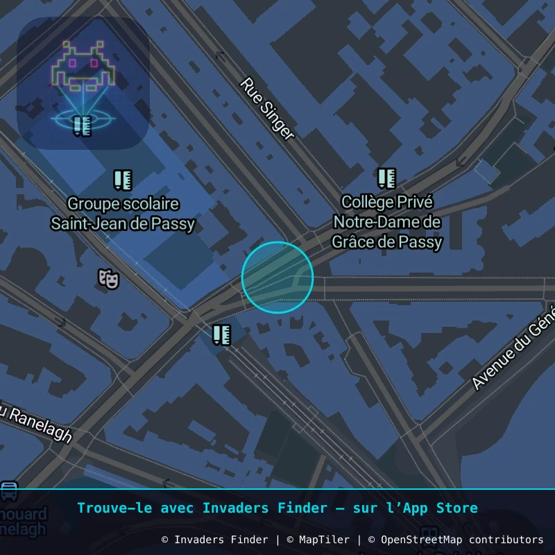 Zone approximative de l'invader PA_258, dans le quartier 16e arrondissement de Paris à Paris. Emplacement exact disponible dans l'app Invaders Finder.
