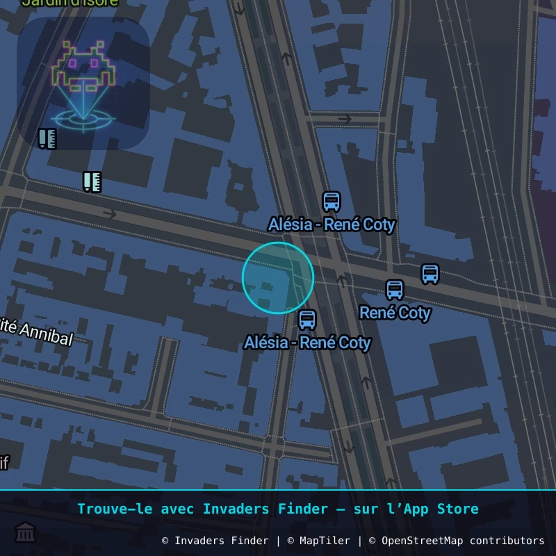 Zone approximative de l'invader PA_316, dans le quartier 14e arrondissement de Paris à Paris. Emplacement exact disponible dans l'app Invaders Finder.