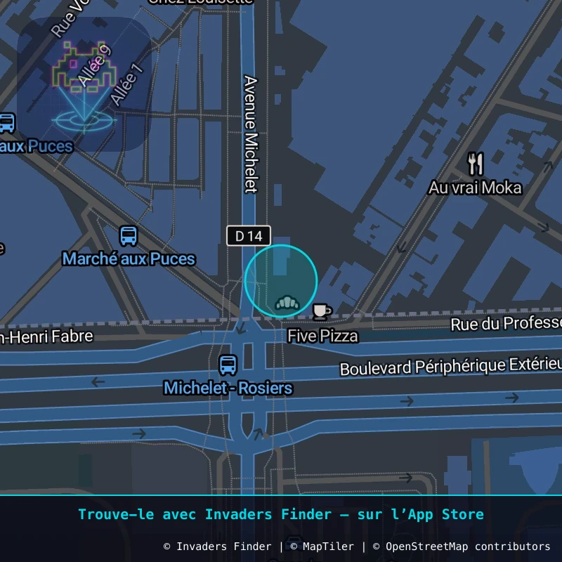 Approximate area of invader PA_418, in the 18th arrondissement, Paris area of Paris. Exact location available in the Invaders Finder app.