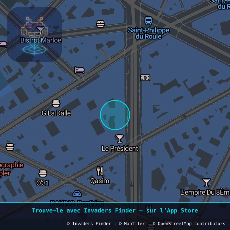 Zone approximative de l'invader PA_423, dans le quartier 8e arrondissement de Paris à Paris. Emplacement exact disponible dans l'app Invaders Finder.