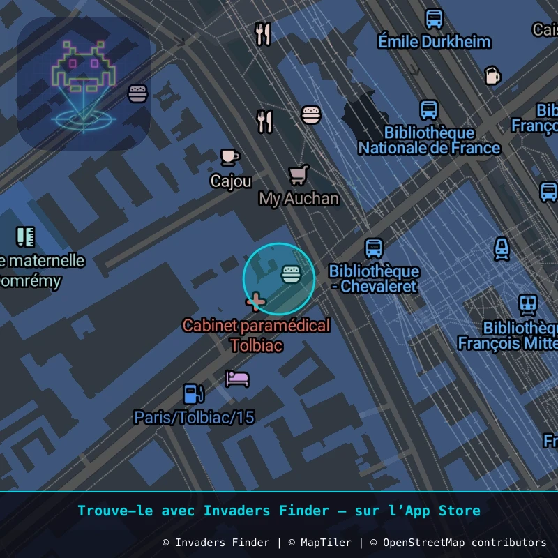 Zone approximative de l'invader PA_427, dans le quartier 13e arrondissement de Paris à Paris. Emplacement exact disponible dans l'app Invaders Finder.
