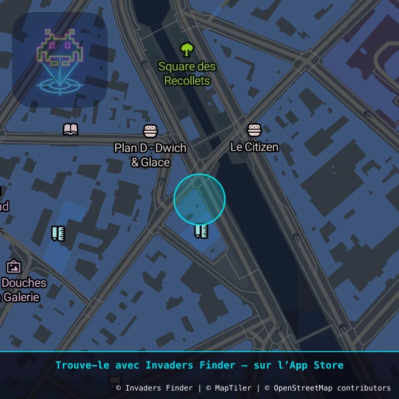 Zone approximative de l'invader PA_447, dans le quartier 10e arrondissement de Paris à Paris. Emplacement exact disponible dans l'app Invaders Finder.