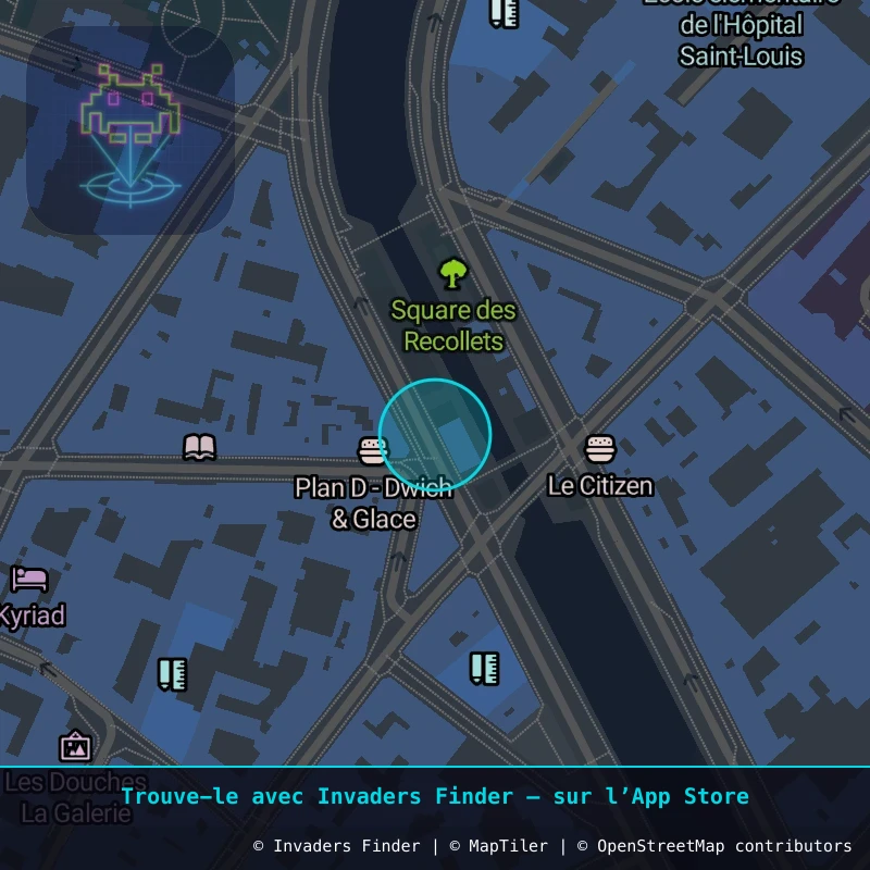 Zone approximative de l'invader PA_454, dans le quartier 10e arrondissement de Paris à Paris. Emplacement exact disponible dans l'app Invaders Finder.