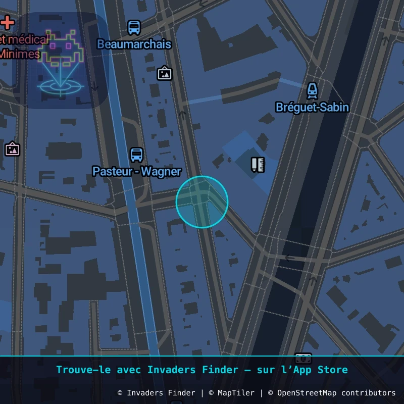 Zone approximative de l'invader PA_48, dans le quartier 11e arrondissement de Paris à Paris. Emplacement exact disponible dans l'app Invaders Finder.