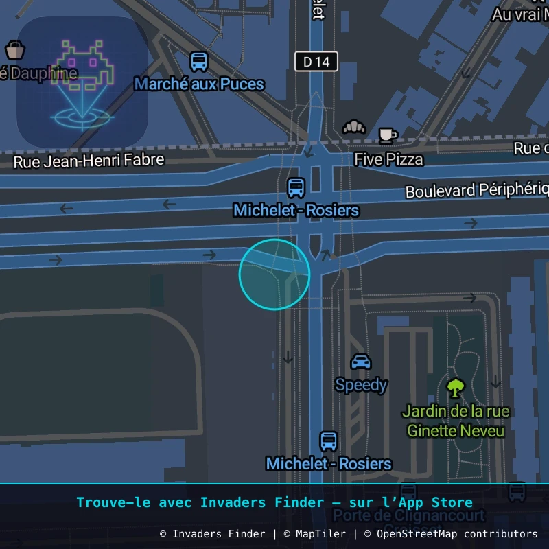 Approximate area of invader PA_533, in the 18th arrondissement, Paris area of Paris. Exact location available in the Invaders Finder app.