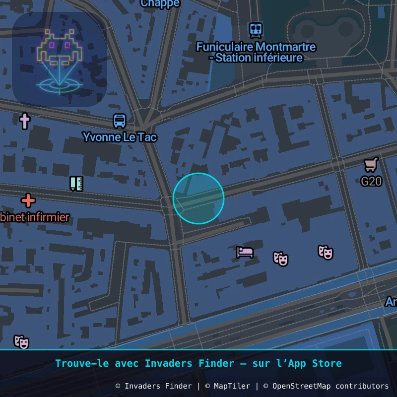 Zone approximative de l'invader PA_607, dans le quartier 18e arrondissement de Paris à Paris. Emplacement exact disponible dans l'app Invaders Finder.