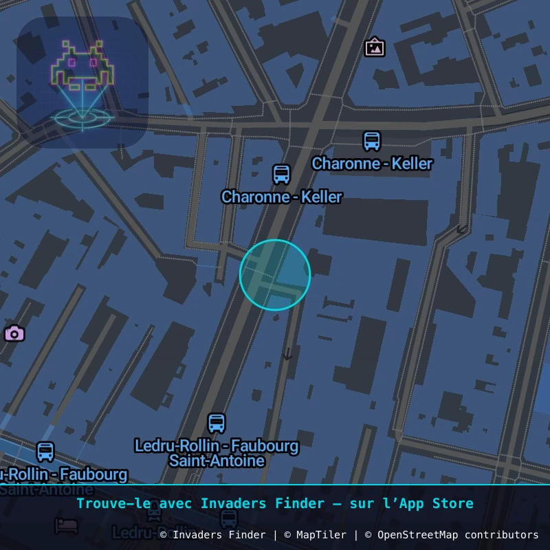 Zone approximative de l'invader PA_615, dans le quartier 11e arrondissement de Paris à Paris. Emplacement exact disponible dans l'app Invaders Finder.