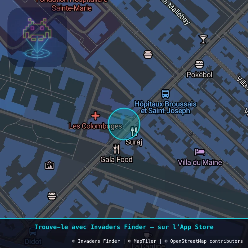 Zone approximative de l'invader PA_628, dans le quartier 14e arrondissement de Paris à Paris. Emplacement exact disponible dans l'app Invaders Finder.