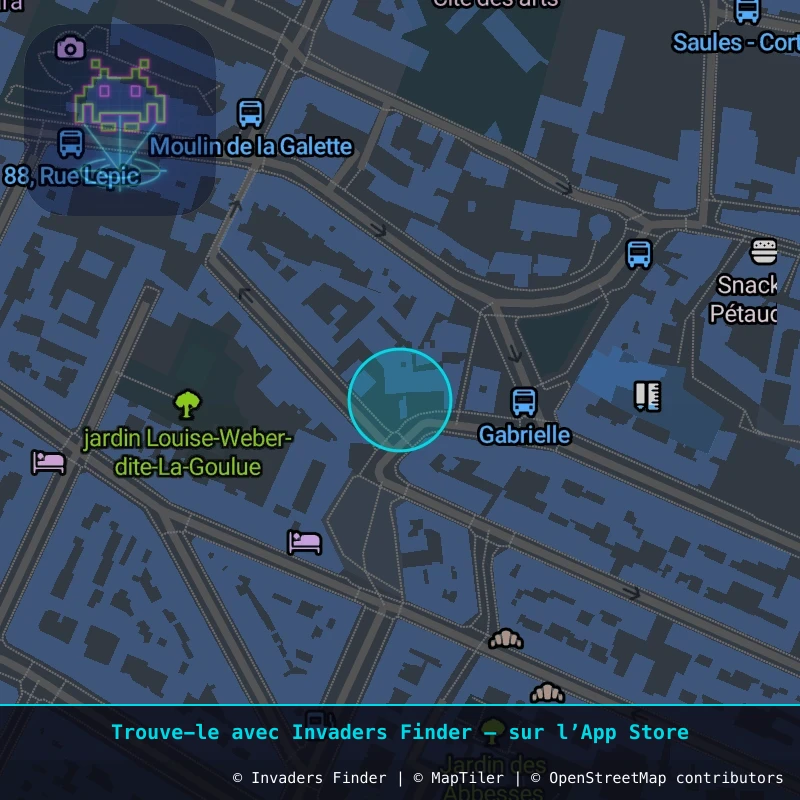 Zone approximative de l'invader PA_641, dans le quartier 18e arrondissement de Paris à Paris. Emplacement exact disponible dans l'app Invaders Finder.
