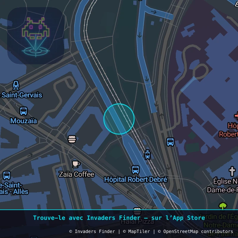 Zone approximative de l'invader PA_645, dans le quartier 19e arrondissement de Paris à Paris. Emplacement exact disponible dans l'app Invaders Finder.