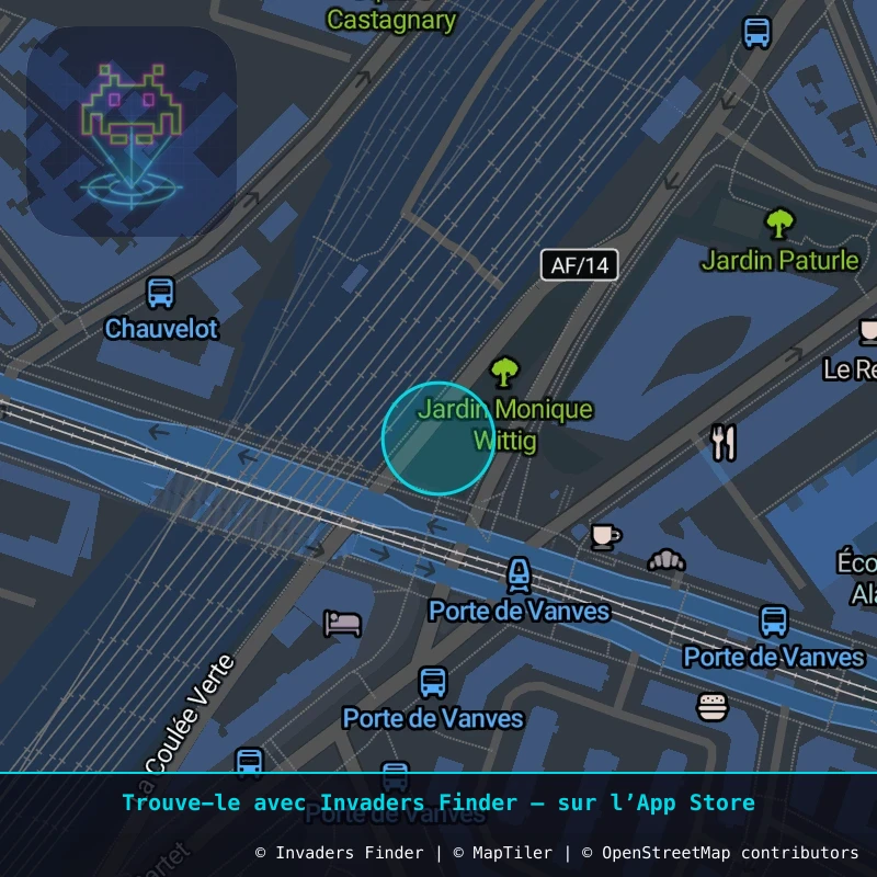 Approximate area of invader PA_646, in the 14th arrondissement, Paris area of Paris. Exact location available in the Invaders Finder app.