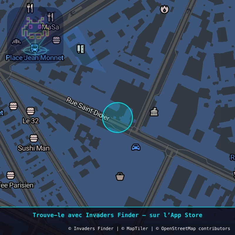 Zone approximative de l'invader PA_651, dans le quartier 16e arrondissement de Paris à Paris. Emplacement exact disponible dans l'app Invaders Finder.