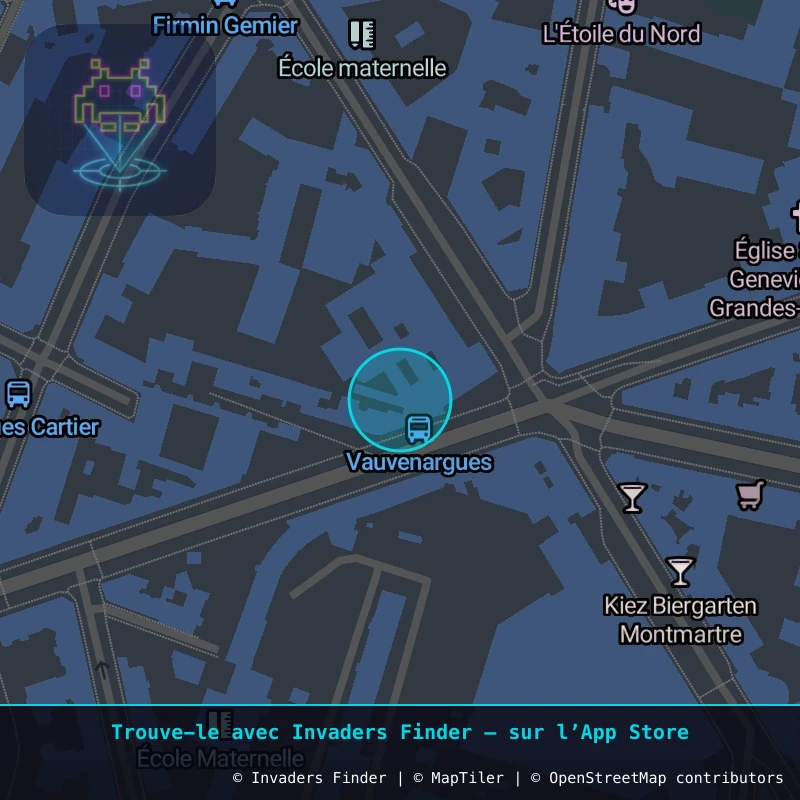 Zone approximative de l'invader PA_659, dans le quartier 18e arrondissement de Paris à Paris. Emplacement exact disponible dans l'app Invaders Finder.