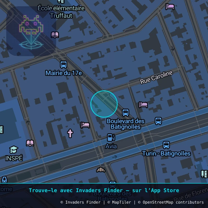 Zone approximative de l'invader PA_728, dans le quartier 17e arrondissement de Paris à Paris. Emplacement exact disponible dans l'app Invaders Finder.