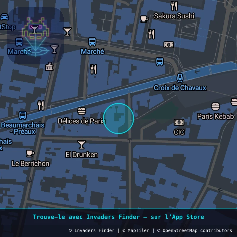 Zone approximative de l'invader PA_750, dans le quartier Paris métropolitain (PA93) à Paris. Emplacement exact disponible dans l'app Invaders Finder.