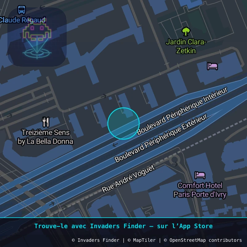 Approximate area of invader PA_788, in the 13th arrondissement, Paris area of Paris. Exact location available in the Invaders Finder app.