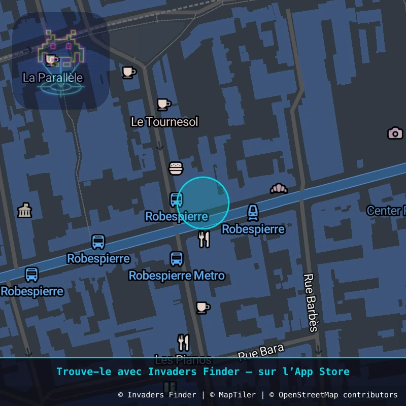 Zone approximative de l'invader PA_825, dans le quartier Paris métropolitain (PA93) à Paris. Emplacement exact disponible dans l'app Invaders Finder.