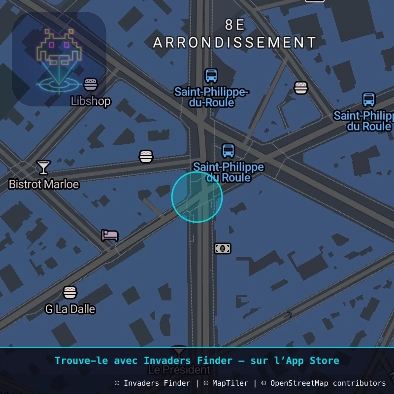 Zone approximative de l'invader PA_845, dans le quartier 8e arrondissement de Paris à Paris. Emplacement exact disponible dans l'app Invaders Finder.