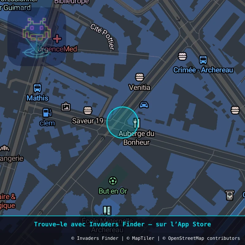 Approximate area of invader PA_889, in the 19th arrondissement, Paris area of Paris. Exact location available in the Invaders Finder app.