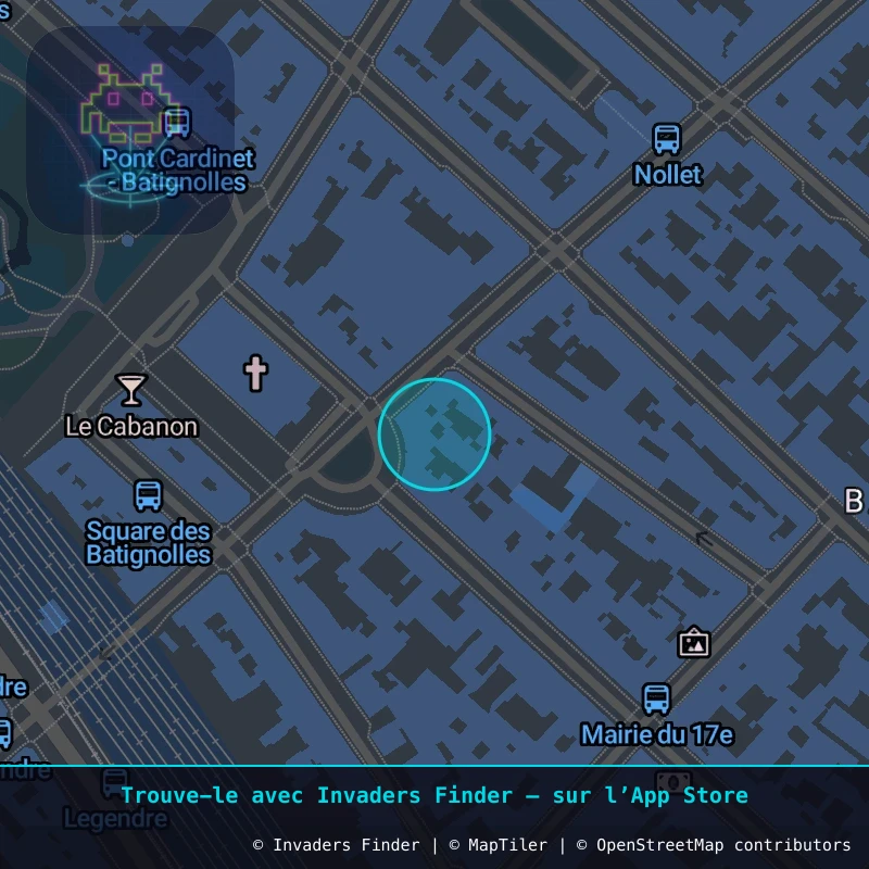 Approximate area of invader PA_995, in the 17th arrondissement, Paris area of Paris. Exact location available in the Invaders Finder app.