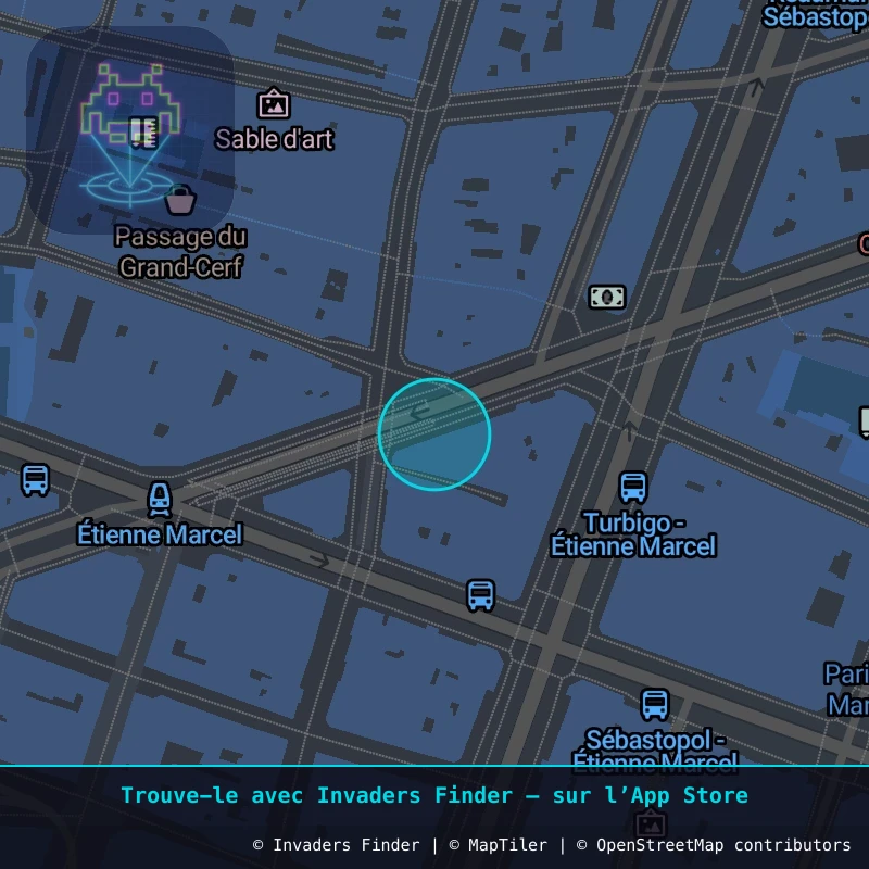 Zone approximative de l'invader PA_998, dans le quartier 2e arrondissement de Paris à Paris. Emplacement exact disponible dans l'app Invaders Finder.