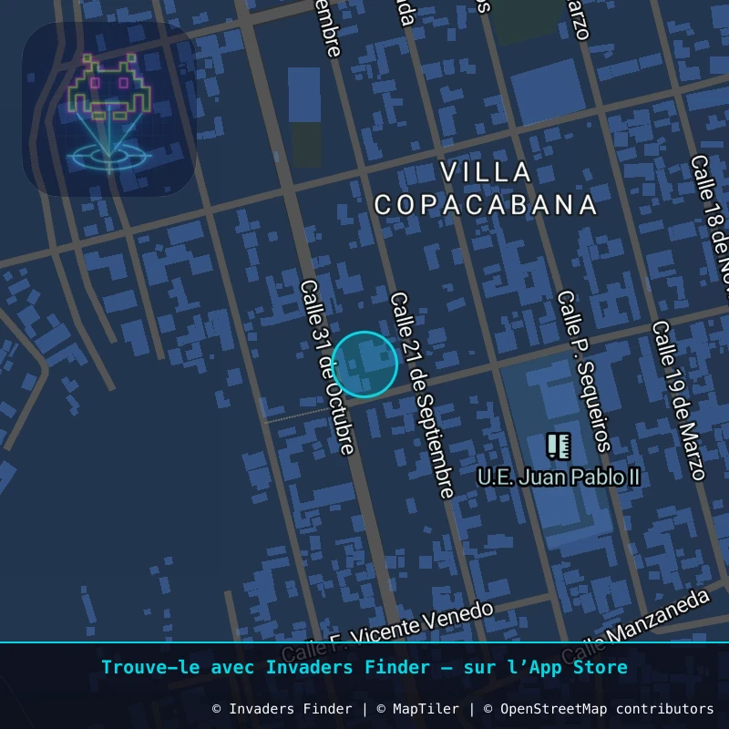 Zone approximative de l'invader POTI_03, dans le quartier Villa Copacabana, Potosí à Potosí. Emplacement exact disponible dans l'app Invaders Finder.