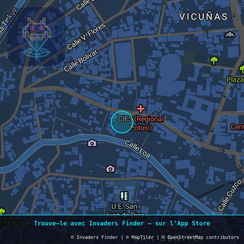 Zone approximative de l'invader POTI_14, dans le quartier Villa Santiago, Potosí à Potosí. Emplacement exact disponible dans l'app Invaders Finder.
