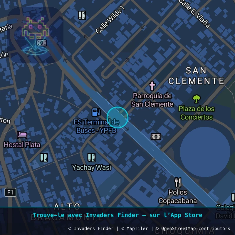 Zone approximative de l'invader POTI_20, dans le quartier Villa Copacabana, Potosí à Potosí. Emplacement exact disponible dans l'app Invaders Finder.