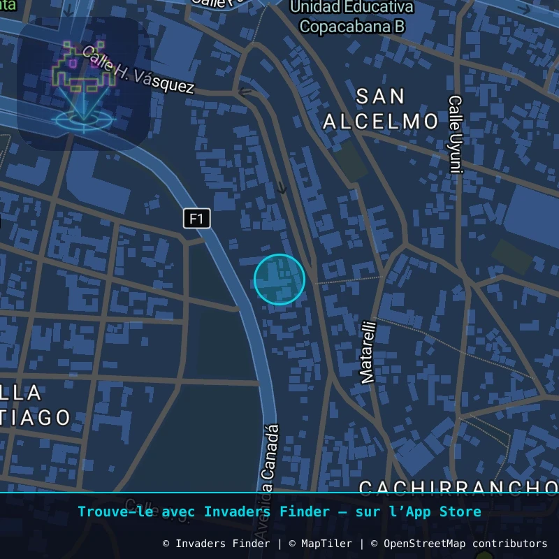 Zone approximative de l'invader POTI_31, dans le quartier Villa Santiago, Potosí à Potosí. Emplacement exact disponible dans l'app Invaders Finder.