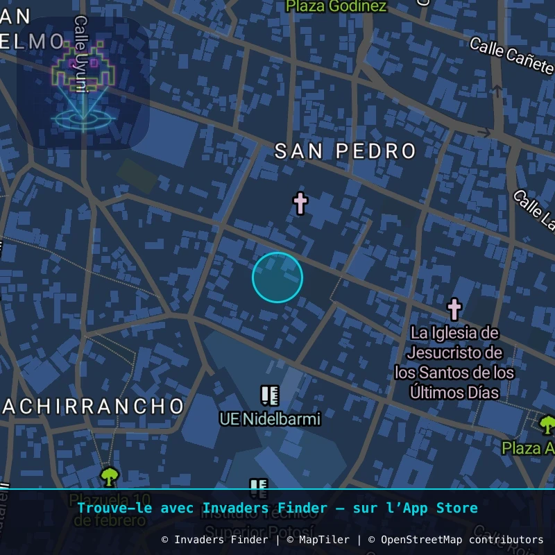 Zone approximative de l'invader POTI_37, dans le quartier Villa Santiago, Potosí à Potosí. Emplacement exact disponible dans l'app Invaders Finder.