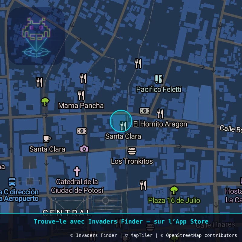 Zone approximative de l'invader POTI_38, dans le quartier Villa Santiago, Potosí à Potosí. Emplacement exact disponible dans l'app Invaders Finder.