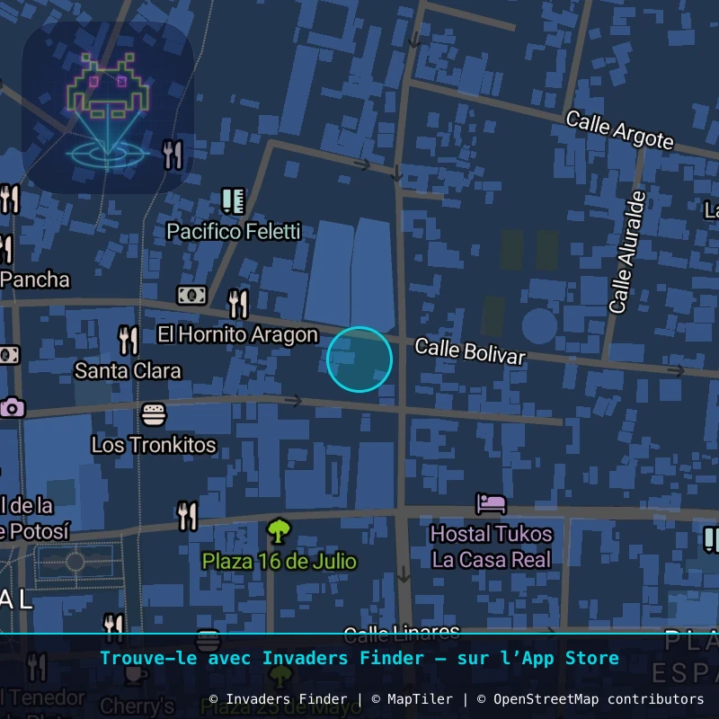 Zone approximative de l'invader POTI_39, dans le quartier Villa Santiago, Potosí à Potosí. Emplacement exact disponible dans l'app Invaders Finder.