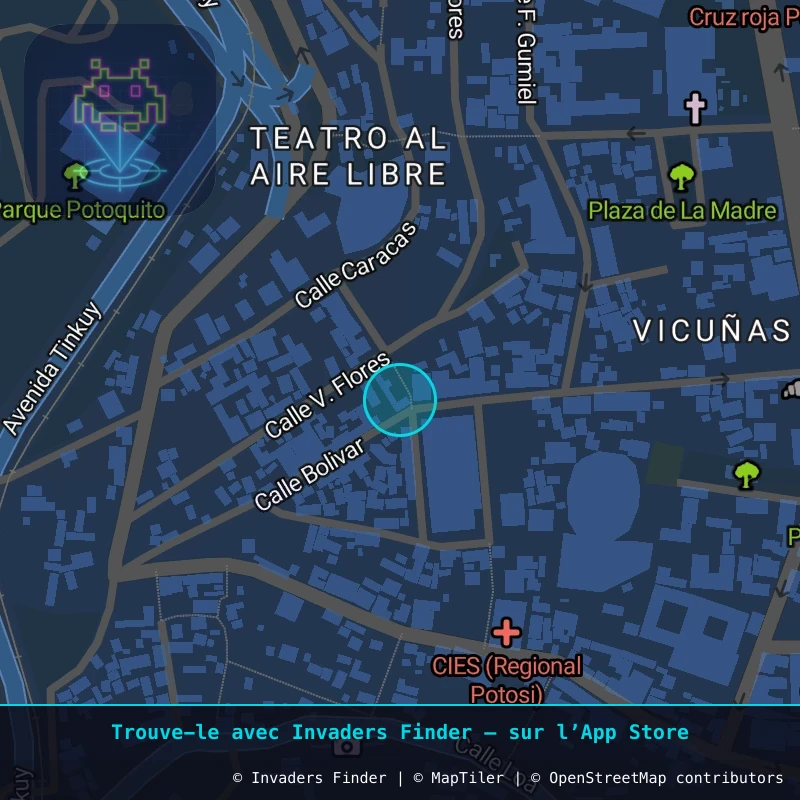 Zone approximative de l'invader POTI_43, dans le quartier Villa Santiago, Potosí à Potosí. Emplacement exact disponible dans l'app Invaders Finder.