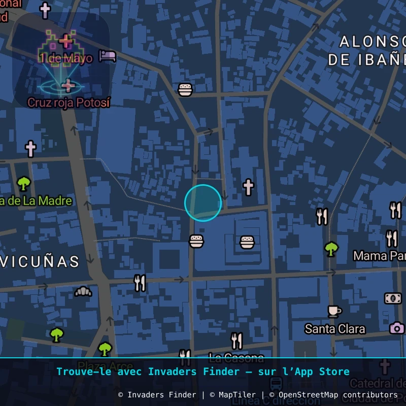 Zone approximative de l'invader POTI_46, dans le quartier Villa Santiago, Potosí à Potosí. Emplacement exact disponible dans l'app Invaders Finder.