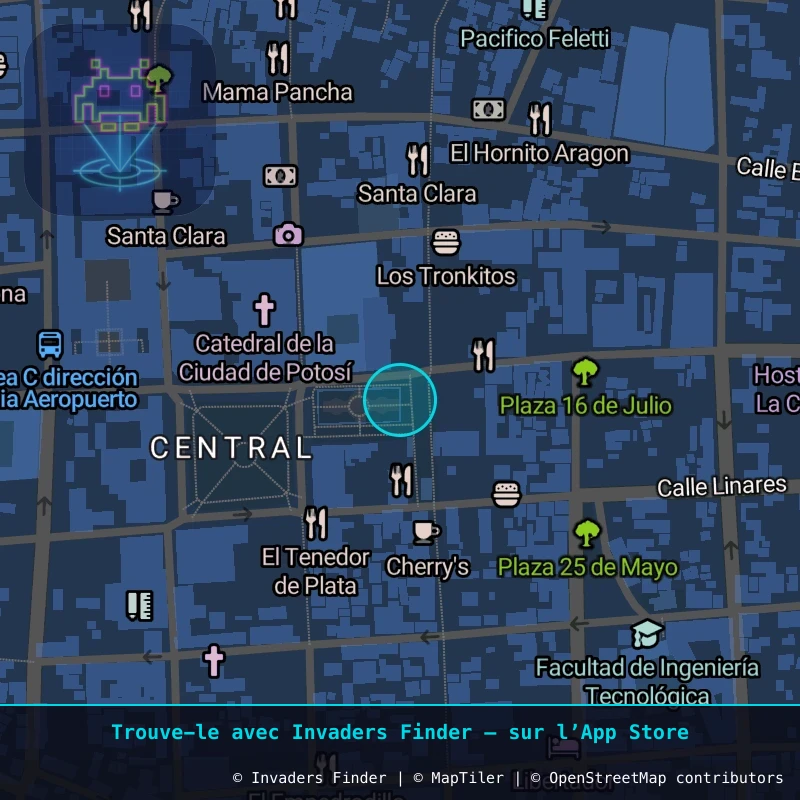 Zone approximative de l'invader POTI_48, dans le quartier Villa Santiago, Potosí à Potosí. Emplacement exact disponible dans l'app Invaders Finder.
