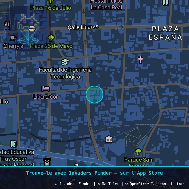 Zone approximative de l'invader POTI_51, dans le quartier Villa Santiago, Potosí à Potosí. Emplacement exact disponible dans l'app Invaders Finder.