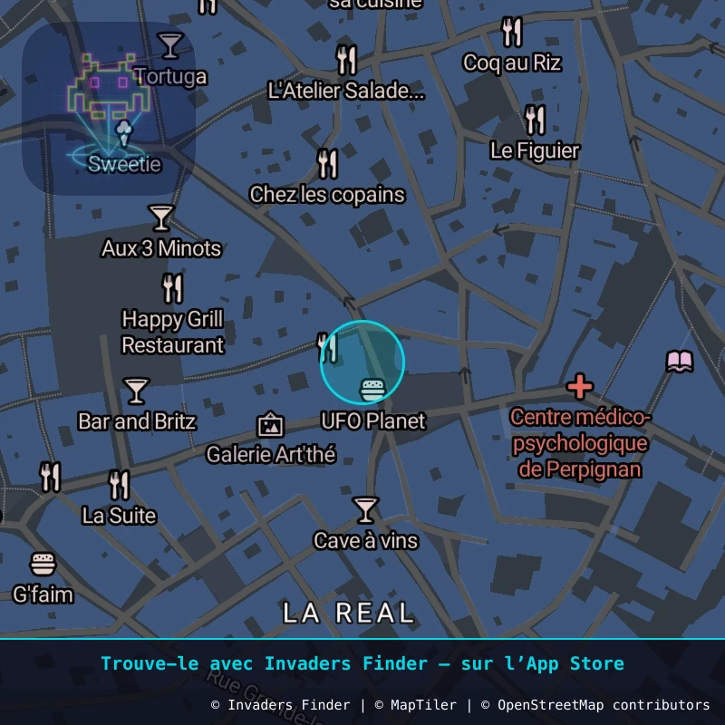 Zone approximative de l'invader PRP_02, dans le quartier Quartier Clemenceau, Perpignan à Perpignan. Emplacement exact disponible dans l'app Invaders Finder.