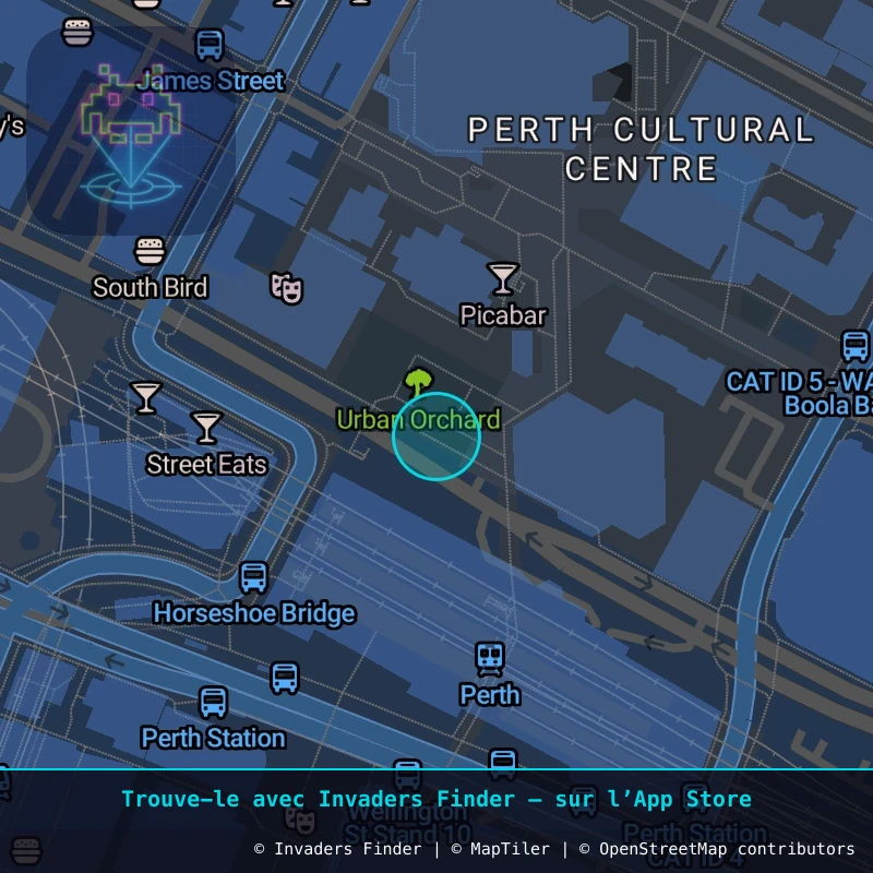 Zone approximative de l'invader PRT_09, dans le quartier Centre-ville, Perth à Perth. Emplacement exact disponible dans l'app Invaders Finder.