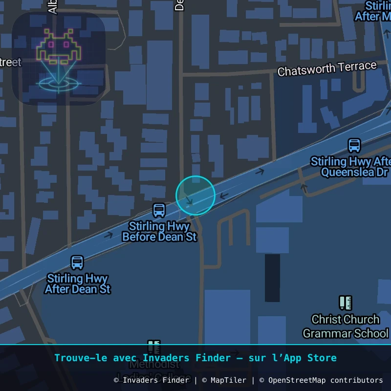 Zone approximative de l'invader PRT_15, dans le quartier Claremont, Perth à Perth. Emplacement exact disponible dans l'app Invaders Finder.