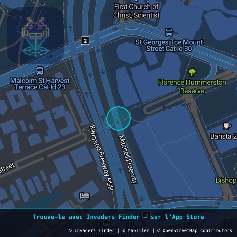 Zone approximative de l'invader PRT_16, dans le quartier Centre-ville, Perth à Perth. Emplacement exact disponible dans l'app Invaders Finder.