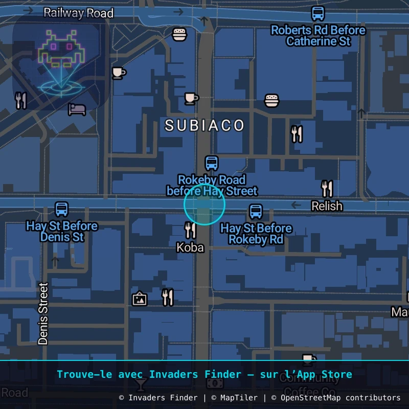 Zone approximative de l'invader PRT_17, dans le quartier Subiaco à Perth. Emplacement exact disponible dans l'app Invaders Finder.