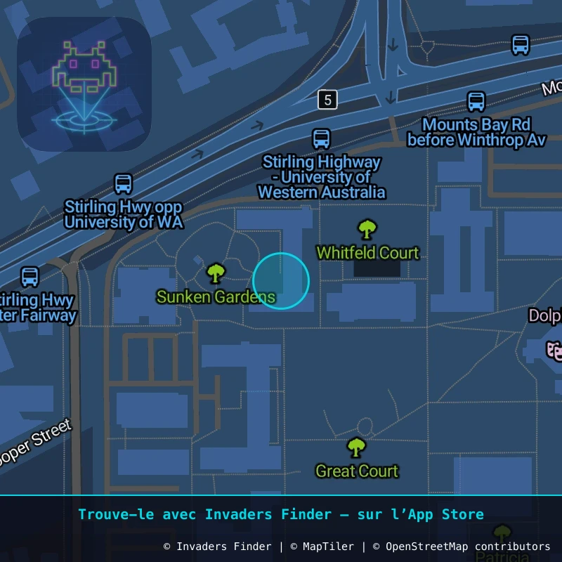 Zone approximative de l'invader PRT_21, dans le quartier Crawley, Perth à Perth. Emplacement exact disponible dans l'app Invaders Finder.