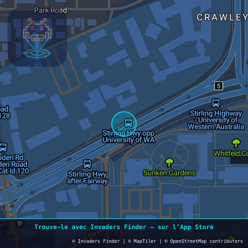 Zone approximative de l'invader PRT_23, dans le quartier Crawley, Perth à Perth. Emplacement exact disponible dans l'app Invaders Finder.