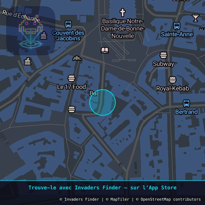 Zone approximative de l'invader RN_02, dans le quartier Centre-Ville, Rennes à Rennes. Emplacement exact disponible dans l'app Invaders Finder.
