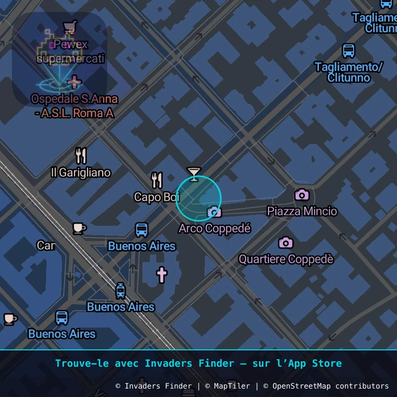 Zone approximative de l'invader ROM_24, dans le quartier Pinciano, Rome à Rome. Emplacement exact disponible dans l'app Invaders Finder.