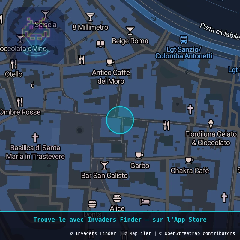 Zone approximative de l'invader ROM_60, dans le quartier Trastevere, Rome à Rome. Emplacement exact disponible dans l'app Invaders Finder.
