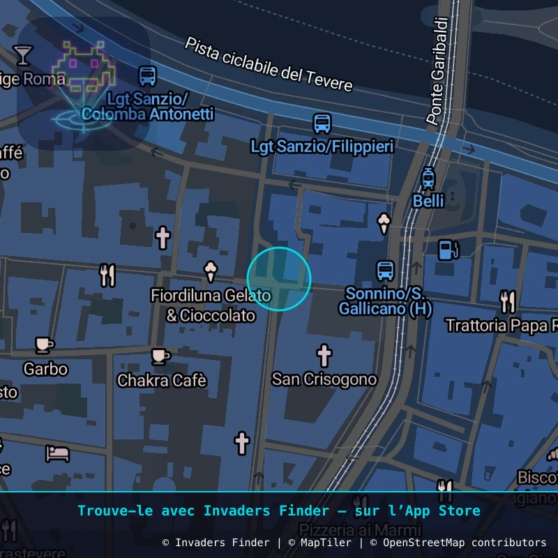 Zone approximative de l'invader ROM_61, dans le quartier Trastevere, Rome à Rome. Emplacement exact disponible dans l'app Invaders Finder.