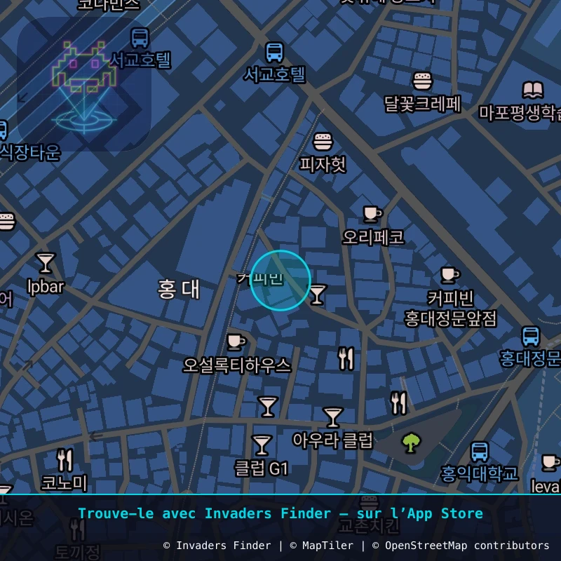 Zone approximative de l'invader SL_02, dans le quartier Hongdae, Séoul à Séoul. Emplacement exact disponible dans l'app Invaders Finder.